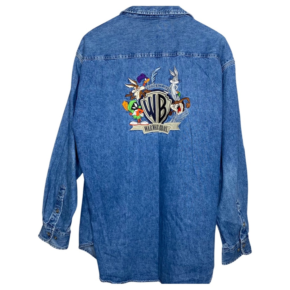 Vintage Warner Bros Embroidered Novelty Print Denim Shacket Collared Top
